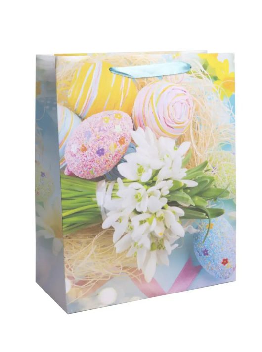 Húsvéti ajándéktáska 23x18cm, közepes, hóvirág és tojások