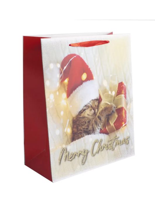 Karácsonyi ajándéktáska 23x18x10cm, közepes, glitteres, cica ajándékkal, Merry Christmas felirattal