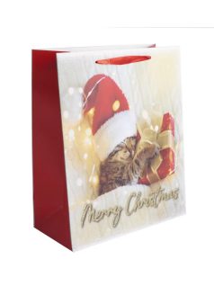   Karácsonyi ajándéktáska 32x26x12cm, nagy, glitteres, cica ajándékkal, Merry Christmas felirattal