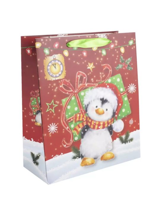 Karácsonyi ajándéktáska 23x18x10cm, közepes, piros, pingvin ajándékkal