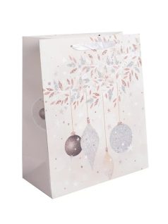   Karácsonyi ajándéktáska 32x26x12cm, nagy, drapp, glitteres, függő díszek