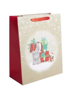   Karácsonyi ajándéktáska 23x18x10cm, közepes, glitteres, maci ajándékokkal