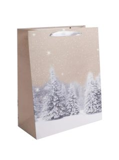   Karácsonyi ajándéktáska 32x26x12cm, nagy, glitteres, havas fenyők