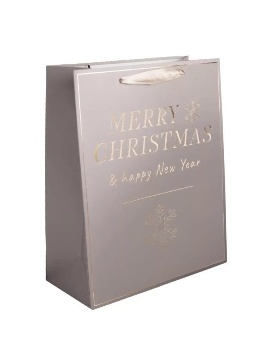 Karácsonyi ajándéktáska 32x26x12cm, nagy, barna, Merry Christmas and Happy New Year felirattal