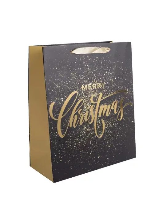 Karácsonyi ajándéktáska 23x18x10cm, közepes, fekete, Merry Christmas felirattal