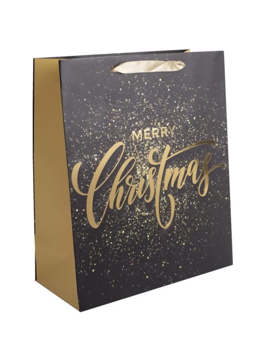 Karácsonyi ajándéktáska 32x26x12cm, nagy, fekete, Merry Christmas felirattal