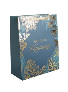   Karácsonyi ajándéktáska 32x26x12cm, nagy, sötét türkiz, Boldog karácsonyt felirattal