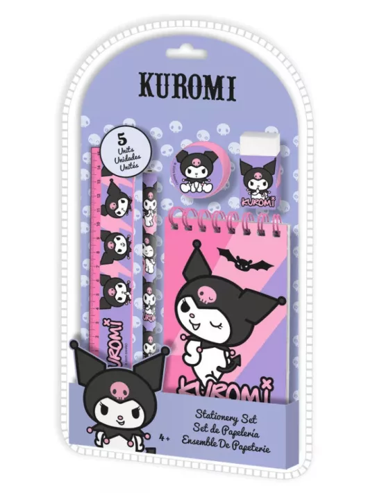 Kuromi 5 db-os írószer szett – notesz, vonalzó, ceruza, radír, hegyező