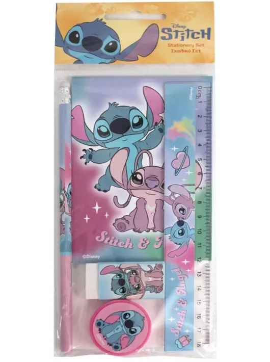 Stitch írószer szett 5 db-os (vonalzó, ceruza, notesz, radír, hegyező)