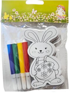   Húsvéti színezhető, dekorálható nyuszi formák (5,5x9,5cm), 3 előrajzolt habszivacs nyuszi és 4 db színes filctoll egy csomagban