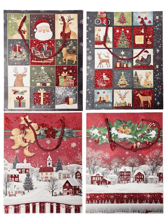 Karácsonyi ajándéktáska 24x18x8,5cm, közepes, 4 féle változat