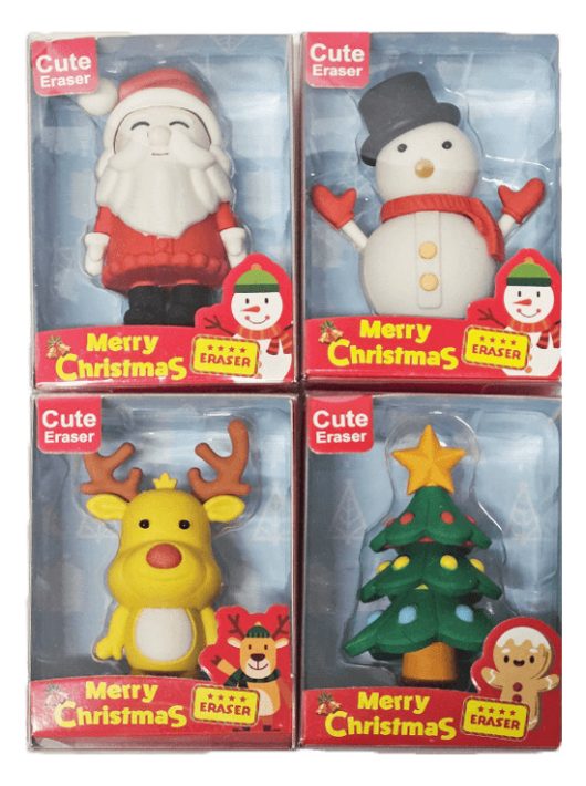 Karácsonyi radírok, nagy (8cm magas), szétszedhető, többféle változat (télapó, hóember, rénszarvas, karácsonyfa)