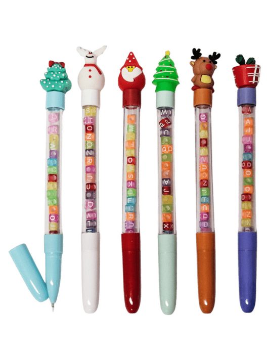 Karácsonyi zseléstoll, kupakos, betűgyönggyel, 19cm magas, 6 féle figurával