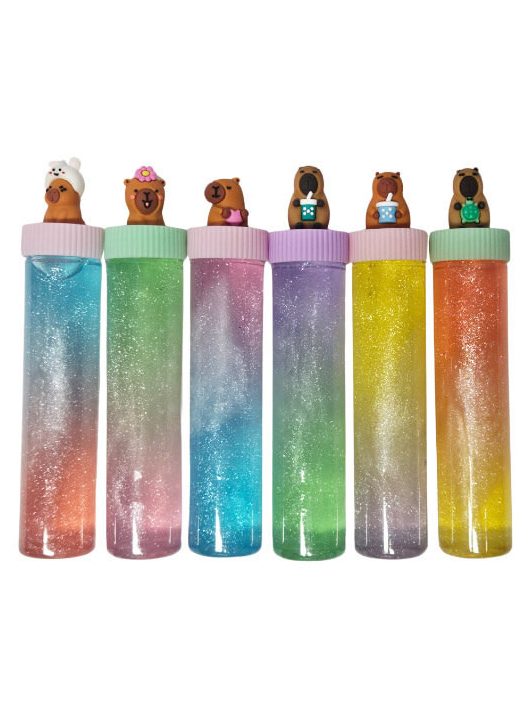 Slime műanyag hengerben, kapibara figurával, többféle változat