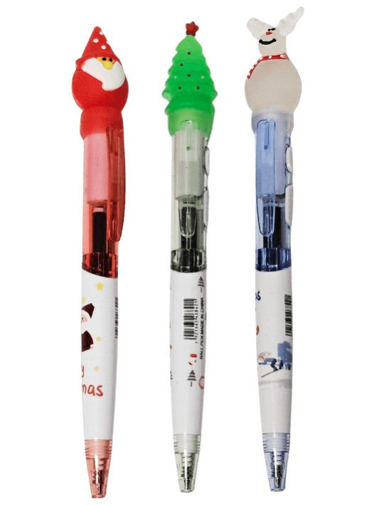 Karácsonyi golyóstoll, világító, nyomógombos, 3 féle figurával