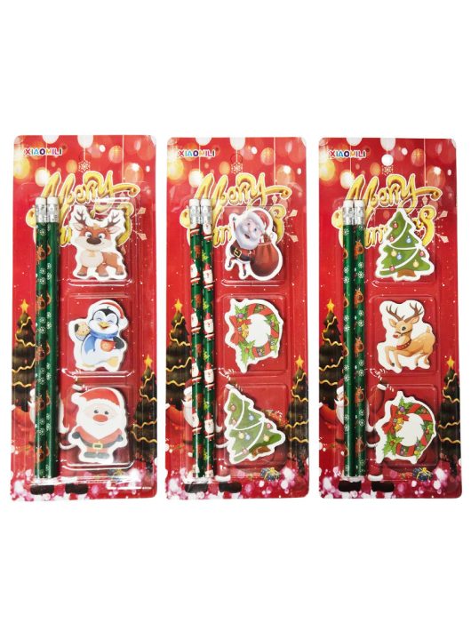 Karácsonyi írószer szett, 5 db-os (2 db grafitceruza, 3 db karácsonyi radír), többféle változat