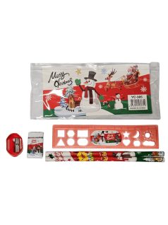   Karácsonyi írószer szett, 6 db-os (ceruzák, radír, hegyező, vonalzó) símítózáras tasakban