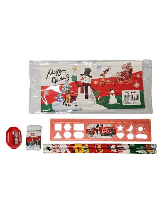 Karácsonyi írószer szett, 6 db-os (ceruzák, radír, hegyező, vonalzó) símítózáras tasakban