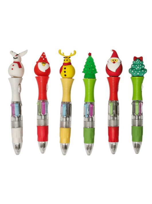 Karácsonyi golyóstoll, világító, 4 színű, 12 cm magas, 6 féle figurával