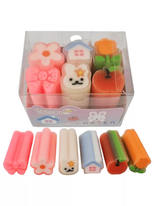 Radír szett (virágok, házikó, masi, nyuszi, alma), 6 db/szett