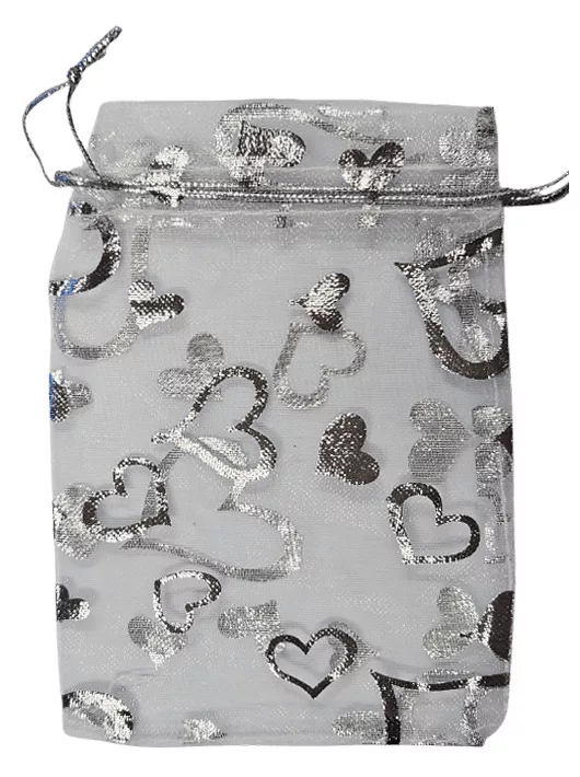 Organza dísztasak, zacskó, 9x12cm, 12 db/csomag, ezüst, szivecskés