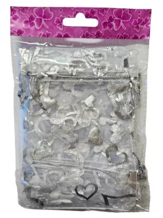   Organza dísztasak, zacskó, 9x12cm, 12 db/csomag, ezüst, szivecskés