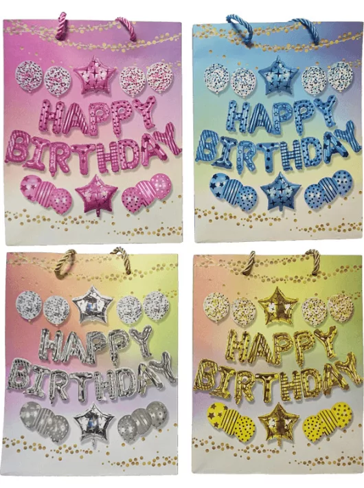 Születésnapi ajándéktáska 23x18x10cm, közepes, Happy Birthday lufi mintával, 4 féle