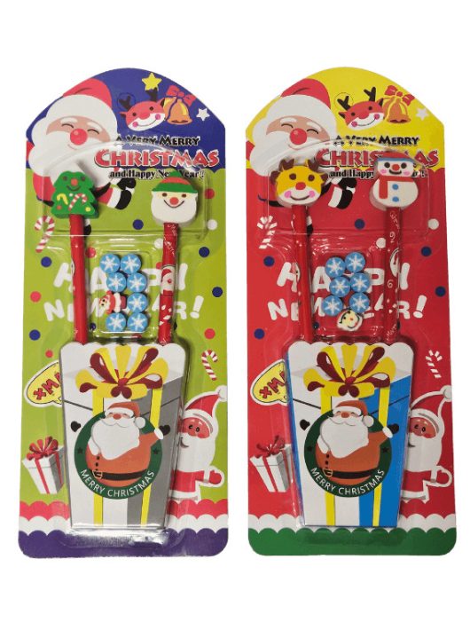 Karácsonyi grafitceruza forma radírral és mini radírokkal, 2 db ceruza és 7 db radír/szett, többféle változat 