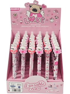   Radírozható zseléstoll, nyomógombos, 0,5mm, HZ-1795, cicás-kutyás szivecskével, többféle változat