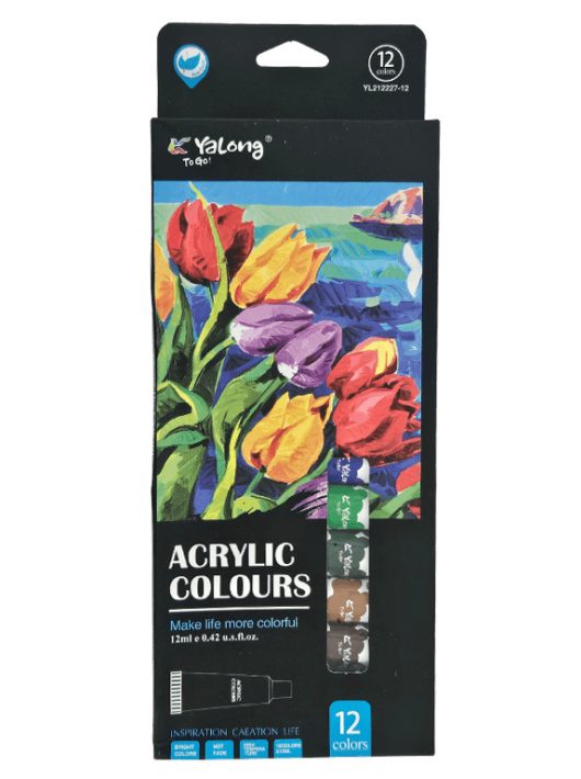 Akrilfesték készlet, 12 db-os, 12x12ml, Yalong YL212227