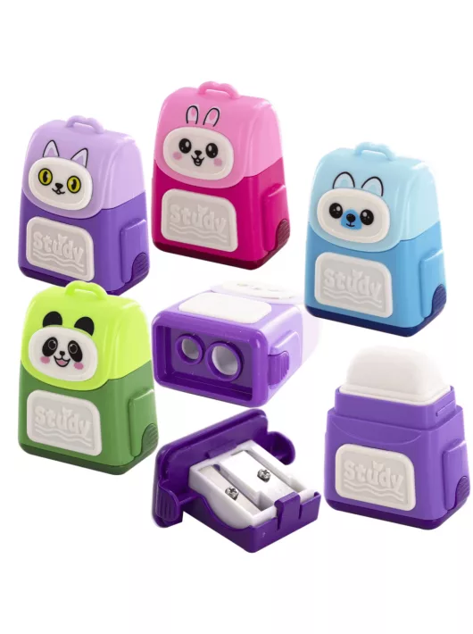 Állatmintás, táska formájú radír és hegyező, 4 féle változat