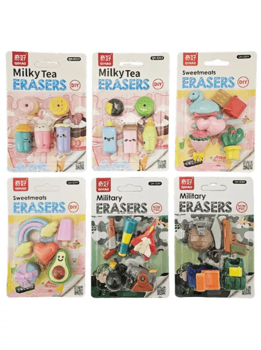 Radír szettek fiúknak, lányoknak, 5 db/szett, QIHAO forma radírok, többféle változat