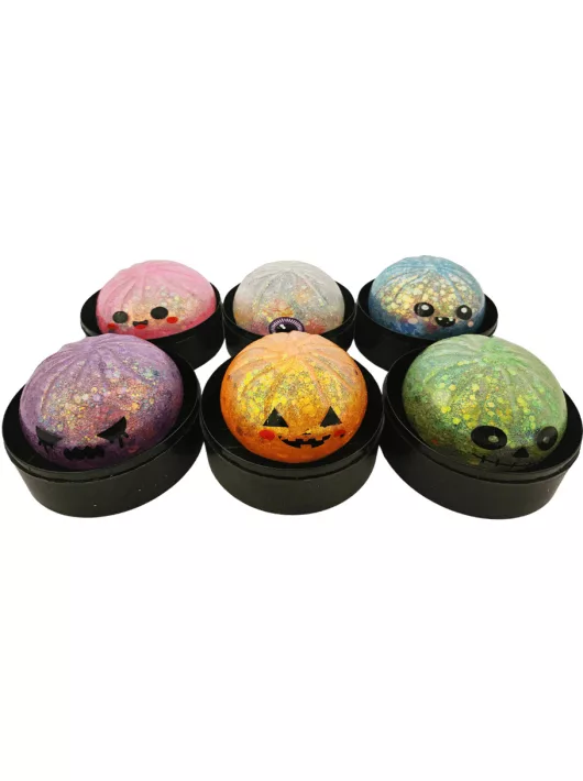 Dumpling squishy, gőzgombóc antistressz játék, normál (8,5 cm), átlátszó, színes bogyókkal töltve, halloweenes designnal