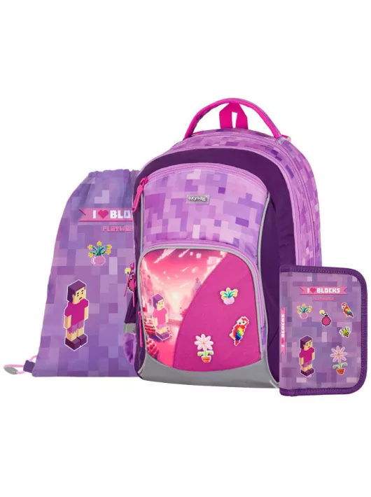 OXY GO iskolatáska szett, hátizsák tolltartóval és tornazsákkal, Minecraft mintás, Playworld Girl, lila-rózsaszín