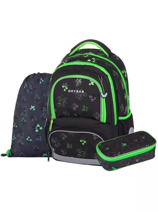 OXY Next iskolatáska szett, hátizsák tolltartóval és tornazsákkal, Green cube, Minecraft mintás