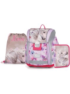   Lovas csatos ergonómikus iskolatáska tolltartóval és tornazsákkal, Premium Light, Horse Romantic, fehér ló