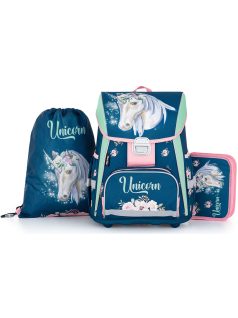   Unikornis csatos ergonómikus iskolatáska tolltartóval és tornazsákkal, Premium, sötétkék