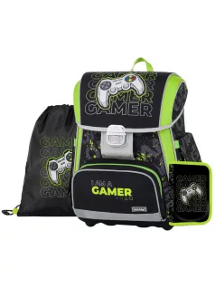   OXY Premium csatos iskolatáska szett tolltartóval és tornazsákkal, Gamer, zöld-fekete