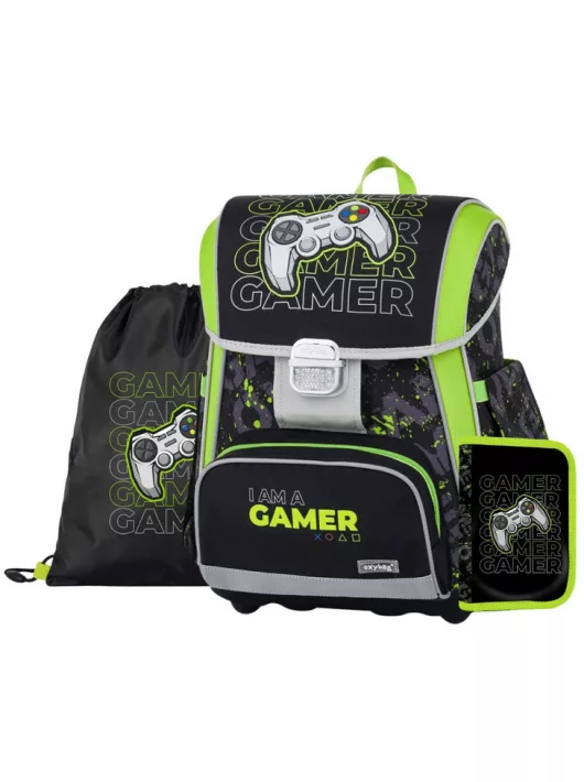 OXY Premium csatos iskolatáska szett tolltartóval és tornazsákkal, Gamer, zöld-fekete