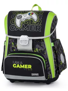   OXY Premium csatos iskolatáska szett tolltartóval és tornazsákkal, Gamer, zöld-fekete