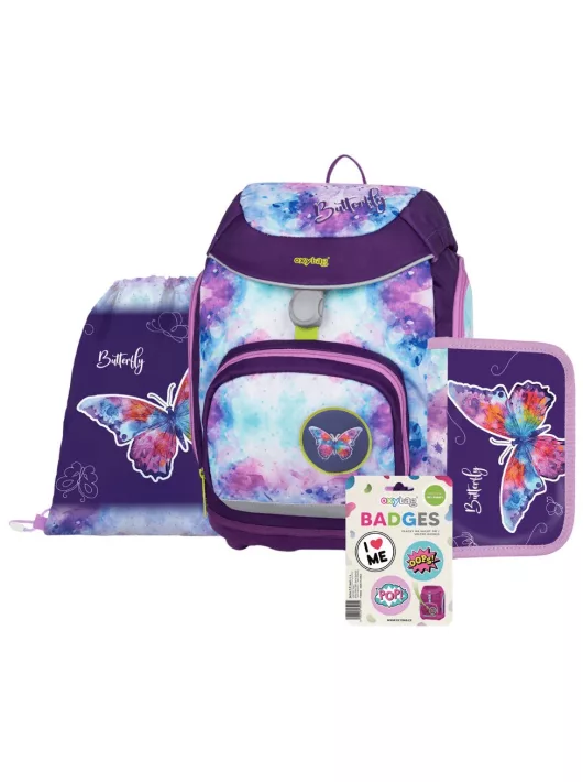OXY Sherpy iskolatáska szett, hátizsák tolltartóval, tornazsákkal és extra díszekkel, Butterfly, kék-lila