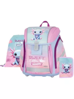   OXY Premium Light mágneszáras iskolatáska szett tolltartóval és tornazsákkal, Axolotl