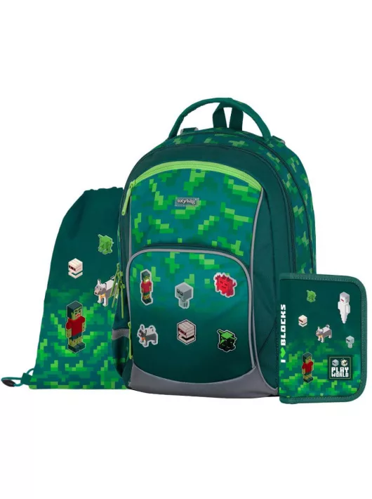 OXY GO iskolatáska szett, hátizsák tolltartóval és tornazsákkal, Minecraft mintás, Playworld