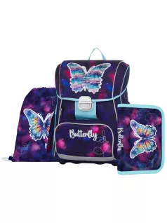   OXY Premium csatos iskolatáska szett tolltartóval és tornazsákkal, Butterfly