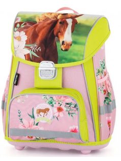   Lovas csatos ergonómikus iskolatáska tolltartóval és tornazsákkal, Premium, zöld-rózsaszín