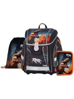   OXY Premium Light mágneszáras iskolatáska szett tolltartóval és tornazsákkal, Dino