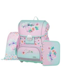   Virágos csatos ergonómikus iskolatáska tolltartóval és tornazsákkal, Premium, rózsaszín-zöld