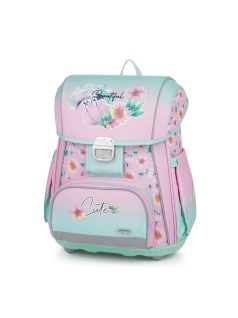   Virágos csatos ergonómikus iskolatáska tolltartóval és tornazsákkal, Premium, rózsaszín-zöld