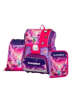   Minecraft mintás csatos ergonómikus iskolatáska tolltartóval és tornazsákkal, Premium, Playworld Girl, lila-rózsaszín