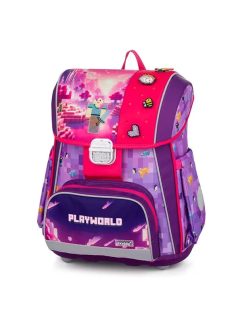   Minecraft mintás csatos ergonómikus iskolatáska tolltartóval és tornazsákkal, Premium, Playworld Girl, lila-rózsaszín